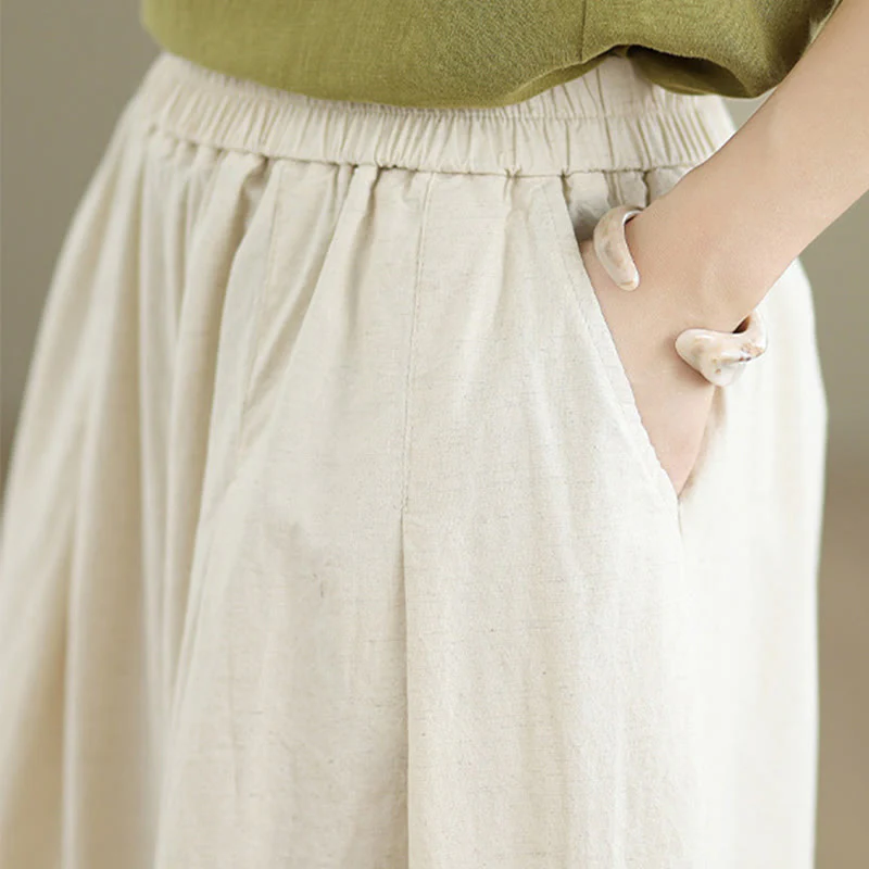 Buddha Stones Commute Simple Lace Design 7-8 Length Women's Wide Leg Cotton Linen Pants With Pockets