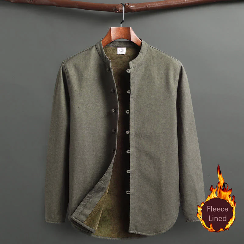 Buddha Stones Solid Tang Suit Traditional Fleece Lined Uniform Long Sleeve Top Pants Men's Set