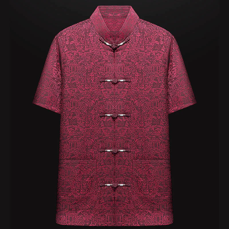 Buddha Stones Along the River During the Qingming Festival Pattern Traditional Tang Suit Short Sleeve Shirt Pants Clothing Men's Set