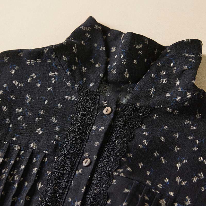 Buddha Stones Fall Printing Floral Buttons Lace Lapel Design Cotton Linen Midi Dress With Pockets