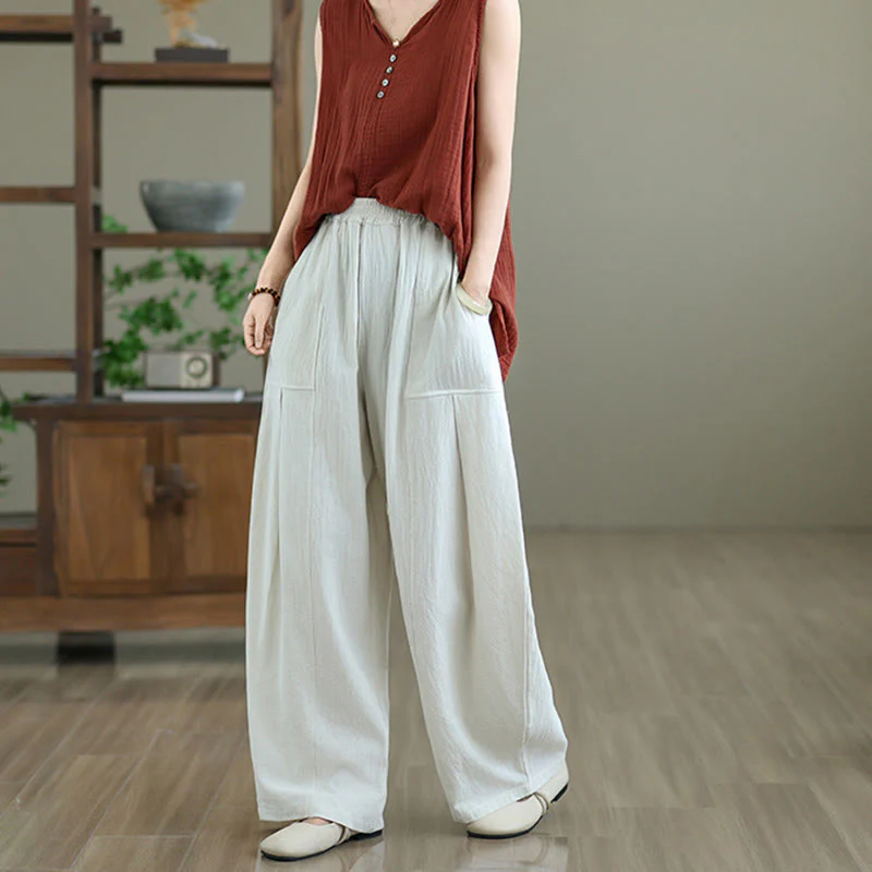 Buddha Stones Plain Pleated Design Ankle-Length Women's Cotton Linen Pants With Pockets