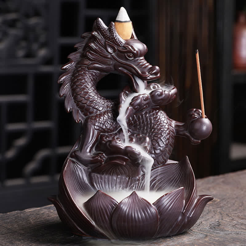 Buddha Stones Dragon Lotus Pattern Strength Protection Ceramic Incense Burner Decoration