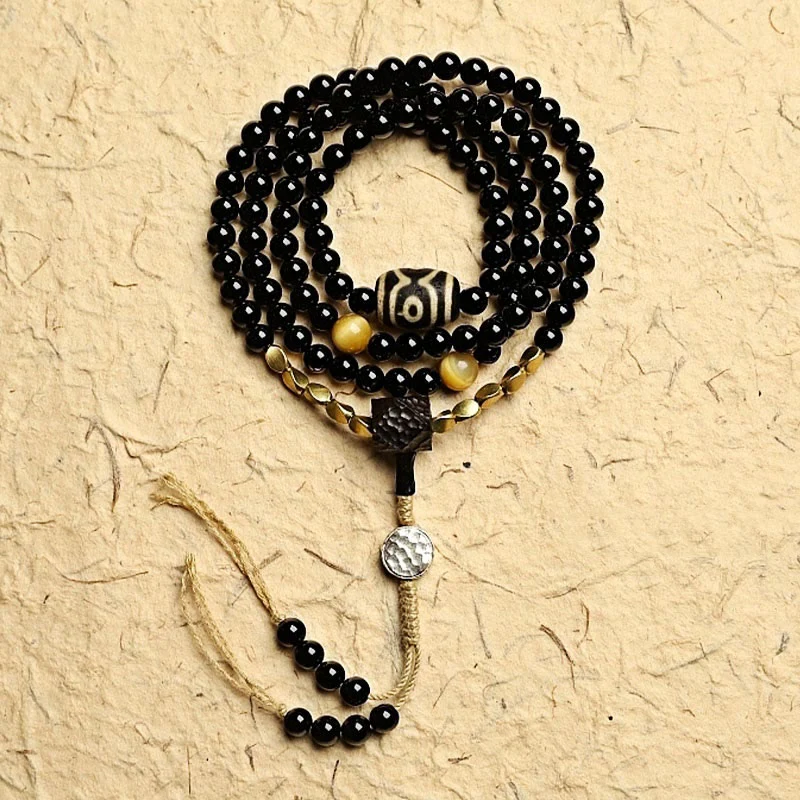 Buddha Stones Tibetan 108 Mala Beads Black Onyx Three-eyed Dzi Beads Protection Bracelet