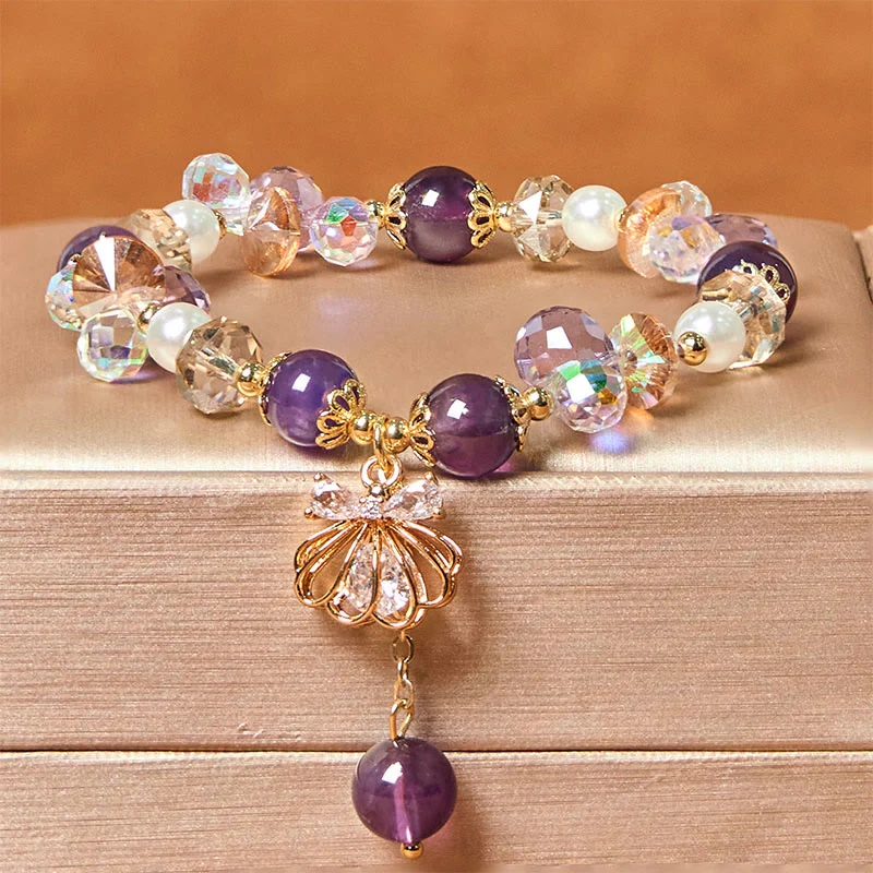 Buddha Stones Natural Amethyst Citrine Pearl Shell Peace Bracelet
