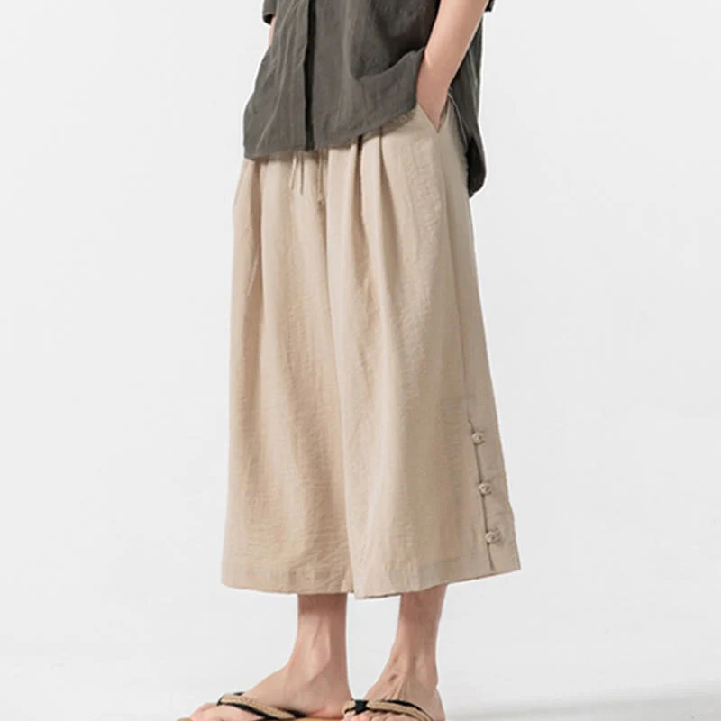 Buddha Stones Casual Loose Frog-Button Plain Men's Cotton 7-8 Length Wide Leg Pants With Pockets