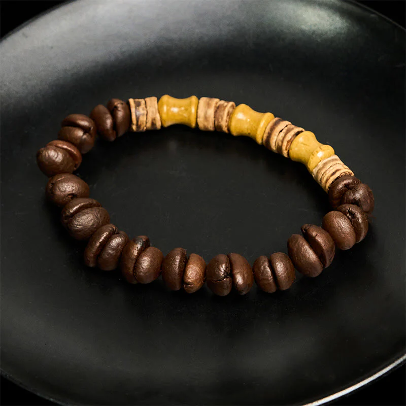 Buddha Stones Handmade Natural Coffee Beans Coconut Shell Bamboo Jade Positive Bracelet
