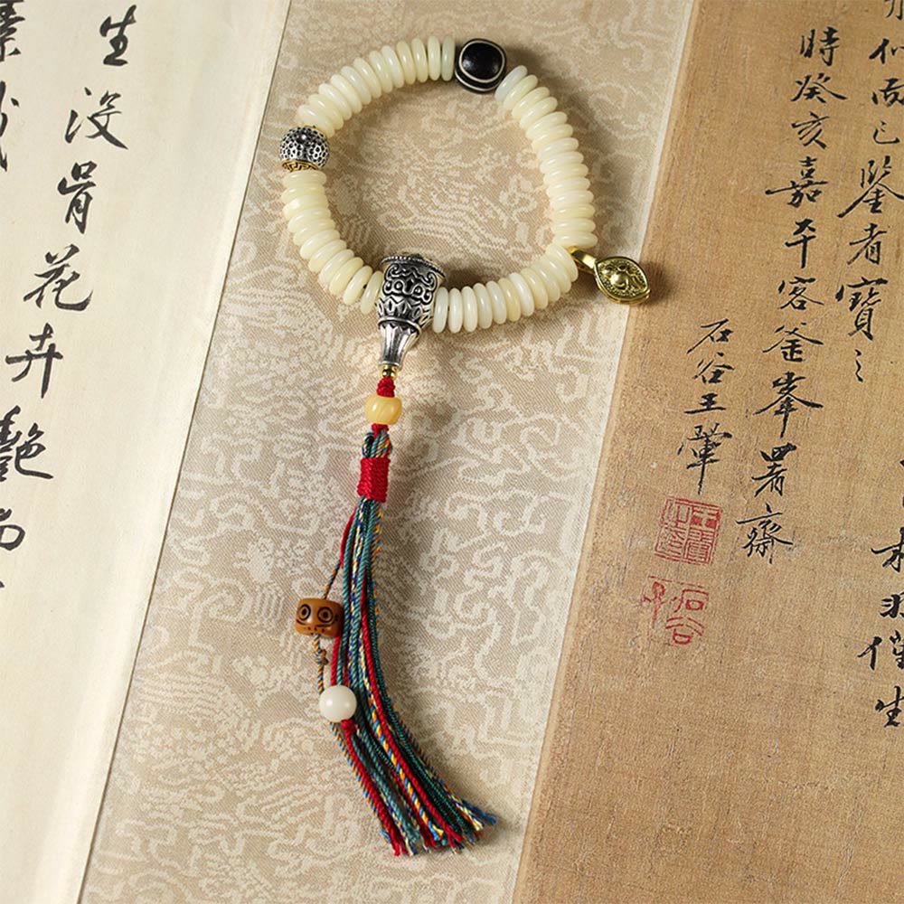 Buddha Stones Natural White Bodhi Seed Stone Wisdom Tassel Wrist Mala Bracelet