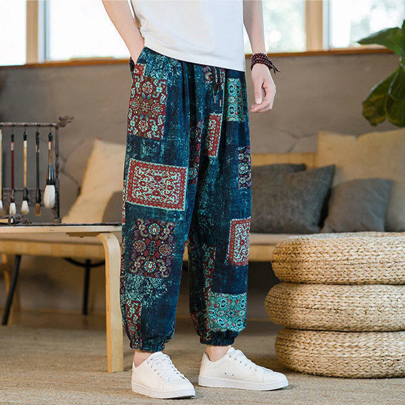 Buddha Stones Summer Square Patchwork Cotton Linen Men's Ankle-Length Harem Pants With Pockets