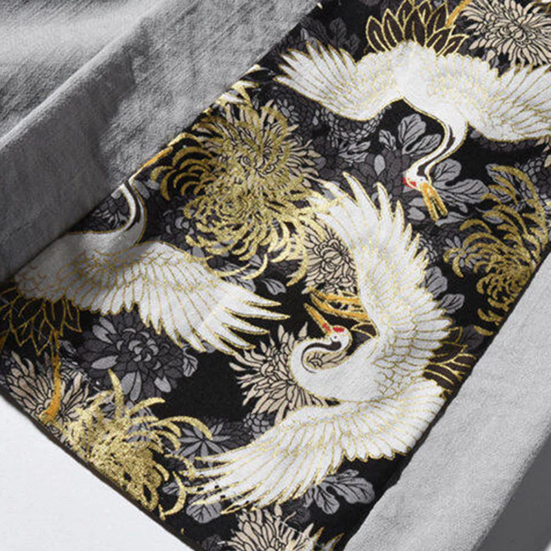 Buddha Stones Casual Patchwork Crane Pattern Frog-Button Design Men's Wide Leg Pants With Pockets