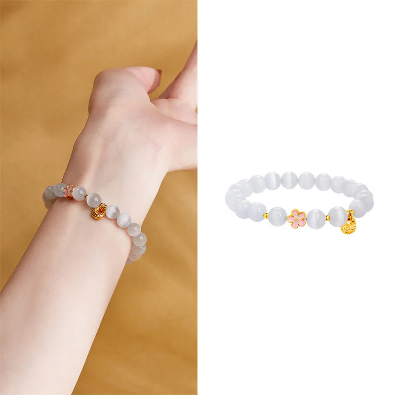 Buddha Stones 925 Sterling Silver Natural Peach Blossom White Cat's Eye Positive Bracelet