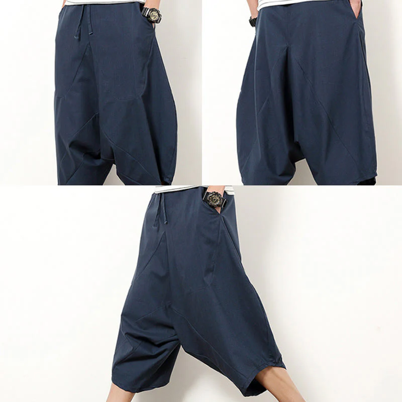 Buddha Stones Spring Plain Simple Patchwork Design Drawstring Cotton Linen Men's 7-8 Length Wide Leg Pants With Pockets
