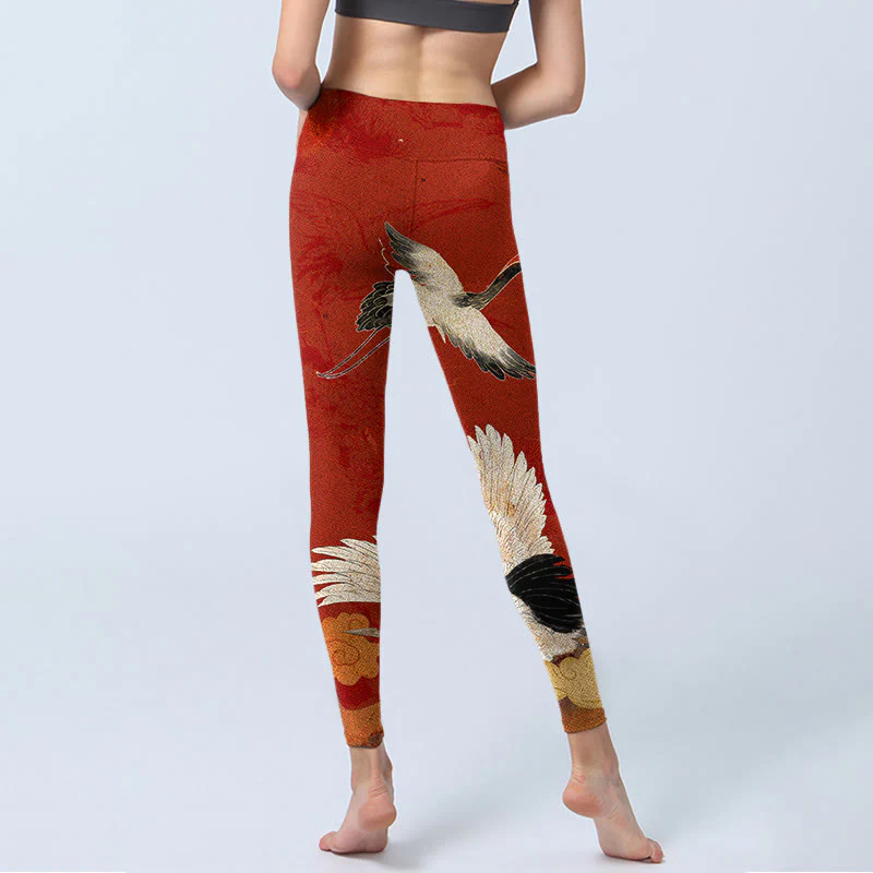 Buddha Stones Crane Print Lycra Fabric Fitness Leggings Women's Yoga Pants