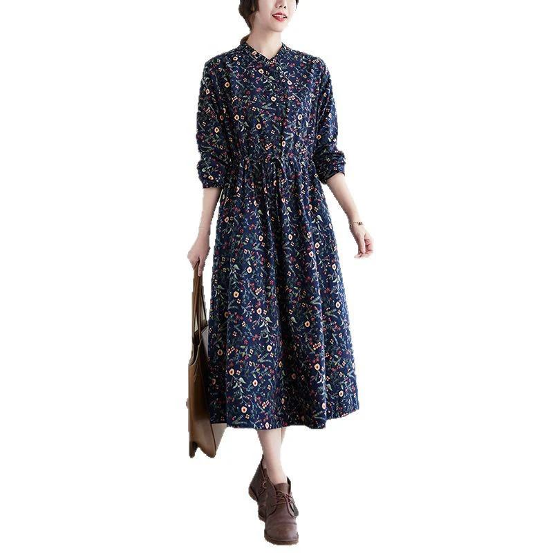 Buddha Stones Ethnic Printing Drawstring Long Sleeve Cotton Linen Midi Dress With Pockets