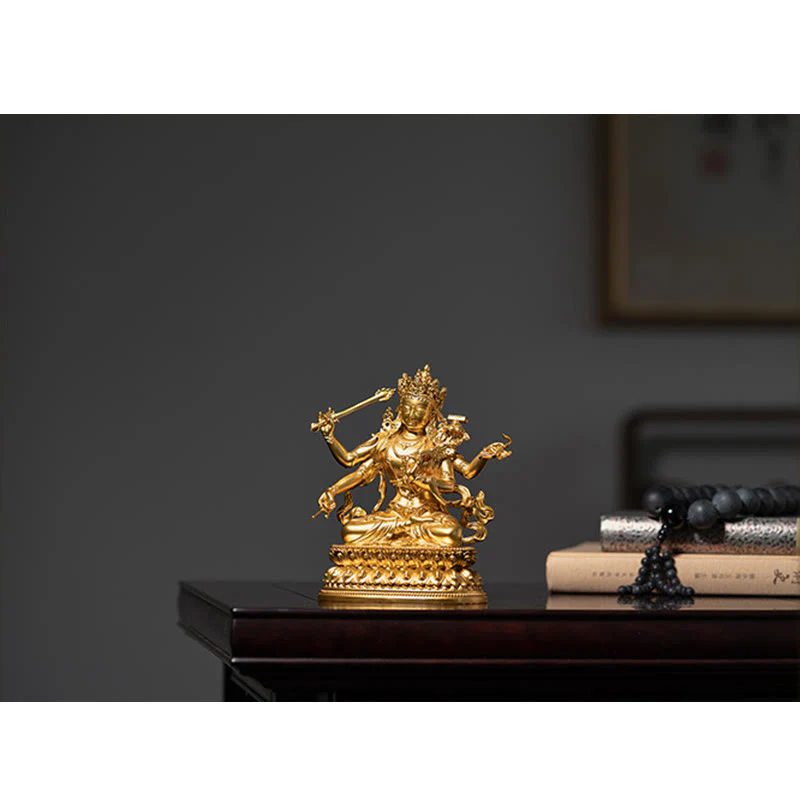 Buddha Stones Four-armed Manjusri Bodhisattva Gold Figurine Compassion Serenity Copper Statue Home Decoration