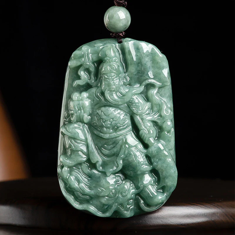 Buddha Stones Natural Jade Guan Gong Amulet Wealth Necklace Pendant
