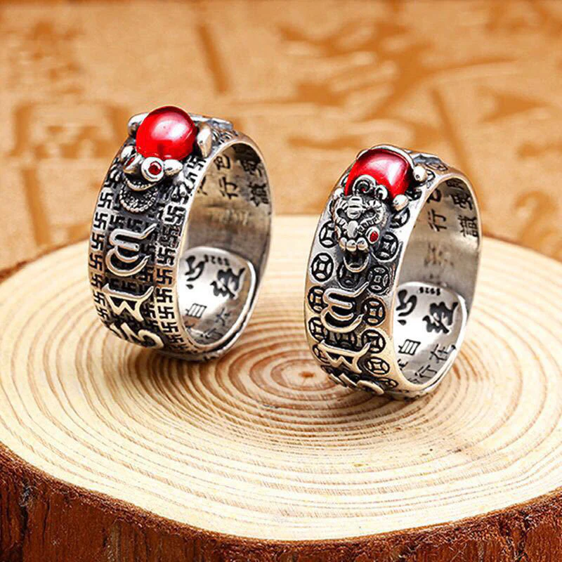 Buddha Stones Genstone PiXiu Feng Shui Frog Vajra Dorje Heart Sutra Wealth Adjustable Ring
