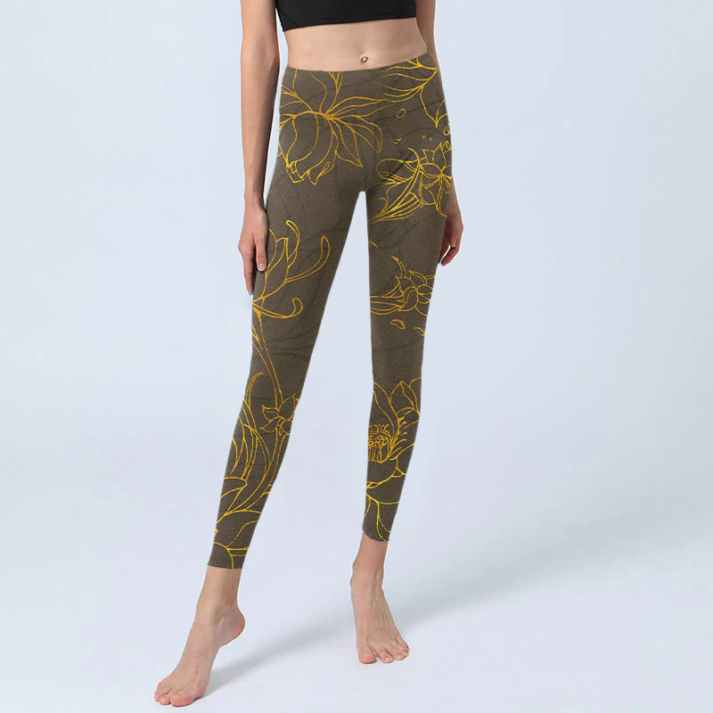 Buddha Stones Yellowish Brown Lotus Flower Lotus Leaf Print Gym Leggings Women's Yoga Pants