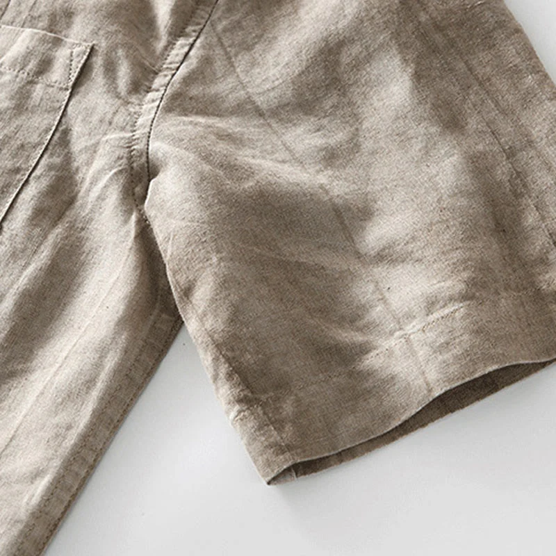 Buddha Stones Summer Buttons Short Sleeve Ramie Linen Cotton Men's Shirt