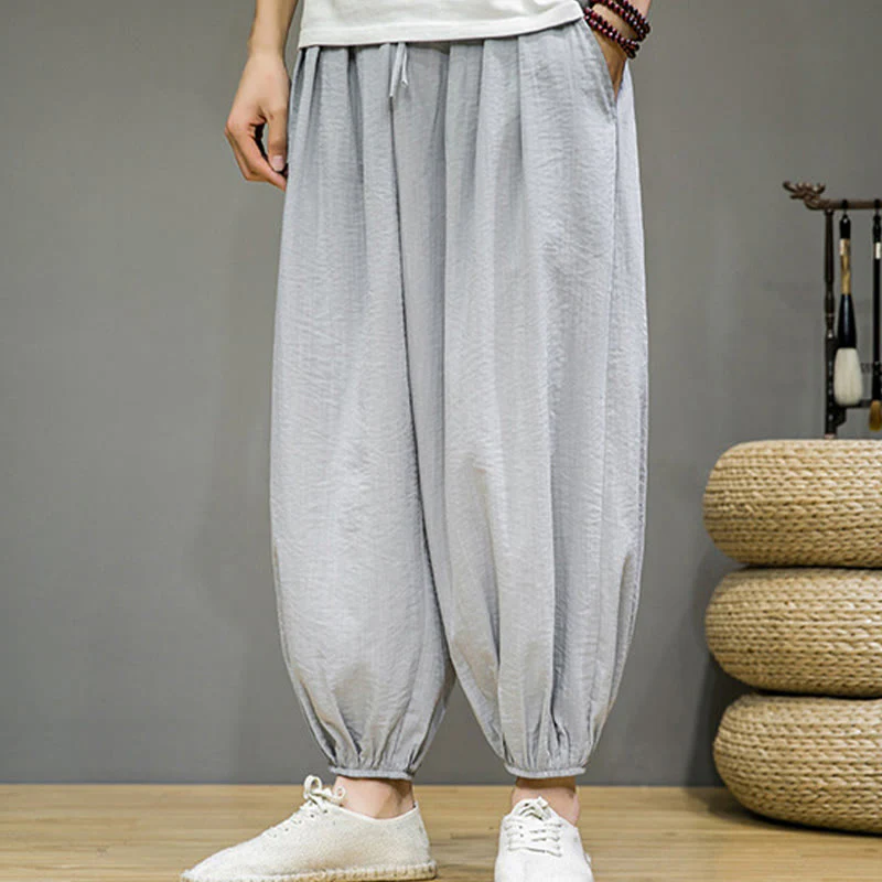 Buddha Stones Summer Plain Drawstring Men's Ankle-Length Cotton Harem Pants With Pockets