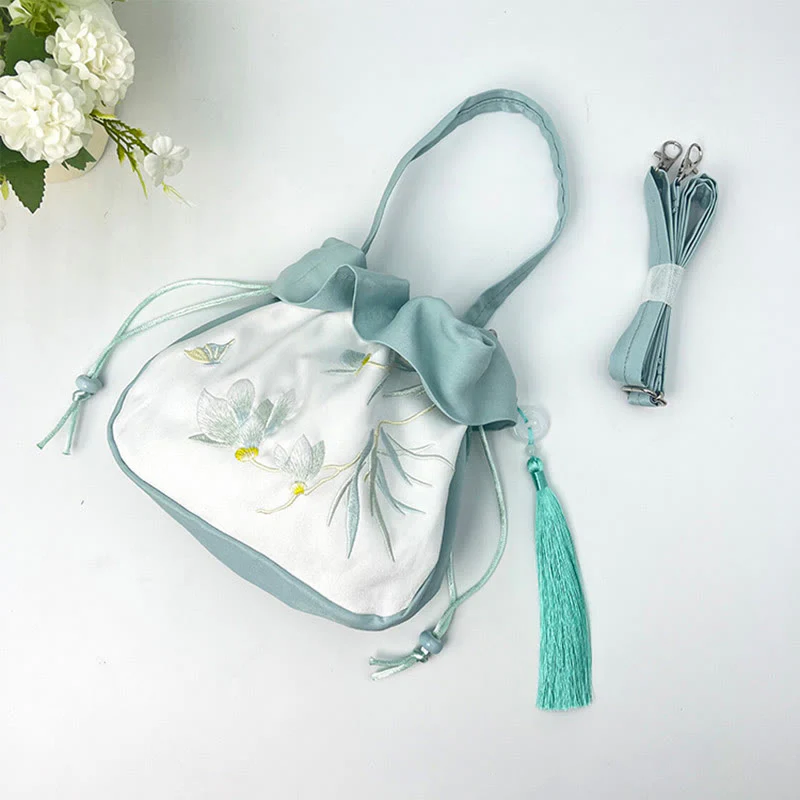 Buddha Stones Suzhou Embroidery Camellia Magnolia Peony Lotus Silk Tote Crossbody Bag Shoulder Bag Handbag