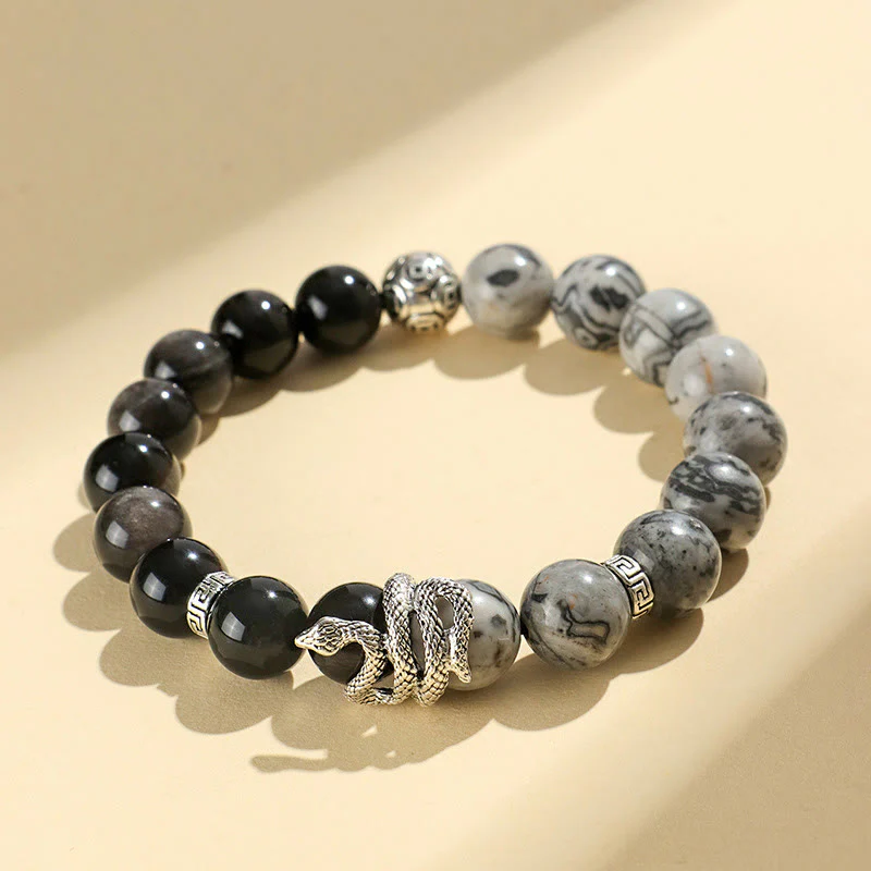 Buddha Stones Natural Silver Sheen Obsidian White Turquoise Grey Jasper Snowflake Obsidian Year Of The Snake Protection Bracelet