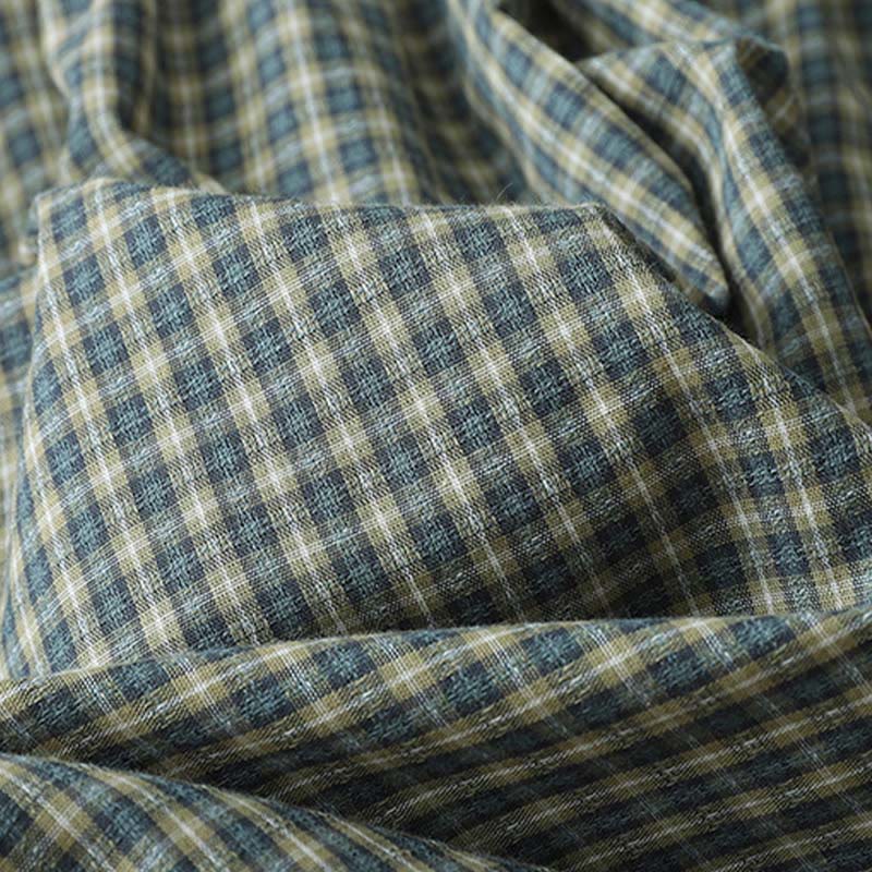 Buddha Stones Casual Plaid Buttons Lantern Long Sleeve Cotton Midi Dress