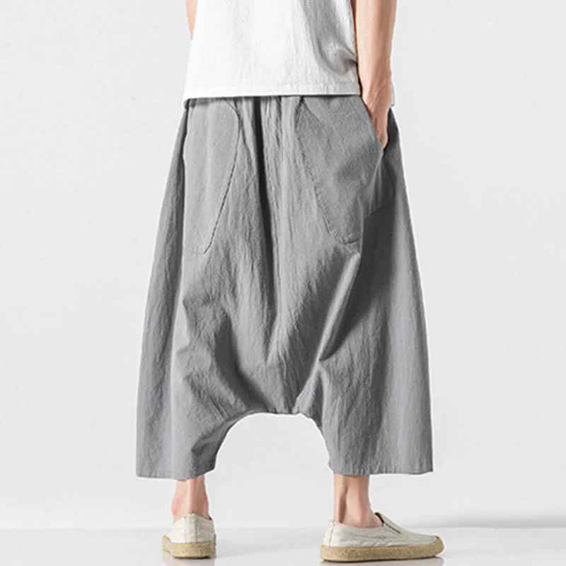Buddha Stones Casual Low Crotch Design Drawstring Men's 7-8 Length Cotton Linen Wide Leg Pants With Pockets