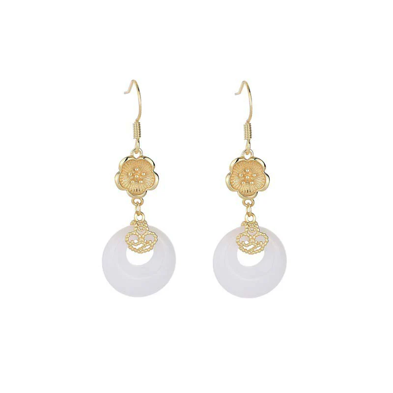 Buddha Stones FengShui White Jade Blessing Drop Earrings