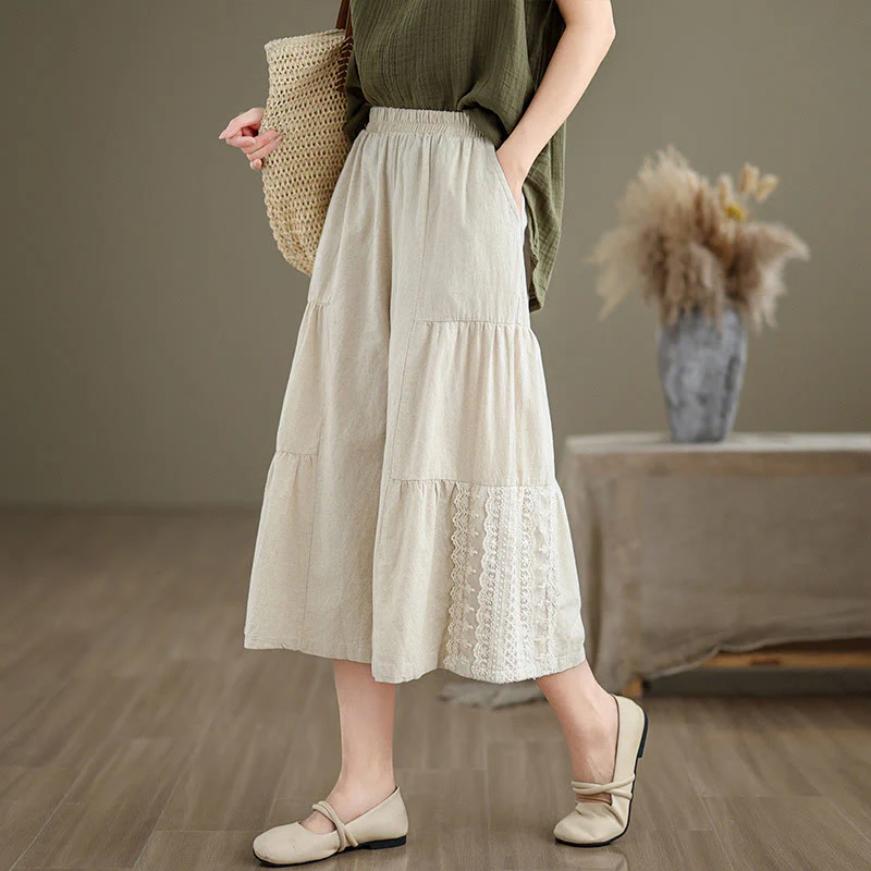 Buddha Stones Casual Plain Lace Splicing Cotton Linen Women's Cropped Wide Leg Pants With Pockets