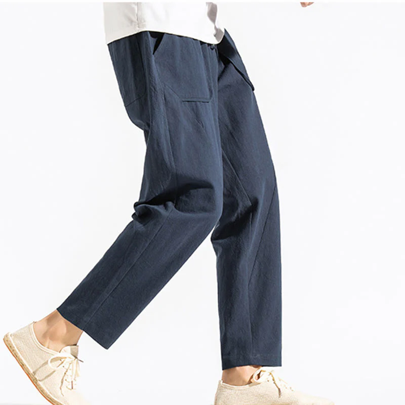 Buddha Stones Retro Casual Drawstring Design Men's Harem Cotton Plain Pants With Pockets