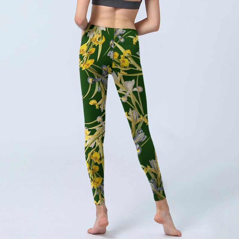 Buddha Stones Green Iris Pattern Print Gym Leggings Women's Yoga Pants