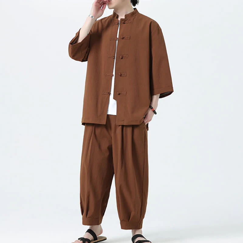 Buddha Stones 2Pcs Solid Frog-Button Three Quarter Sleeve Shirt Pants Men's Set