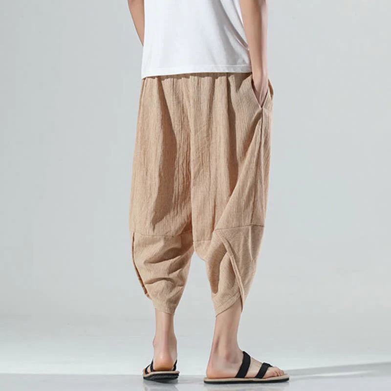 Buddha Stones Plain Simple Design Drawstring 7-8 Length Linen Men's Harem Pants With Pockets