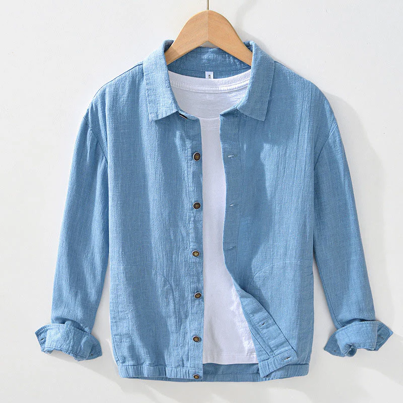 Buddha Stones Casual Plain Simple Buttons Design Men's Long Sleeve Ramie Linen Jacket With Pockets