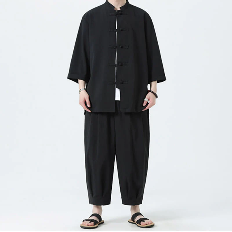 Buddha Stones 2Pcs Solid Frog-Button Three Quarter Sleeve Shirt Pants Men's Set