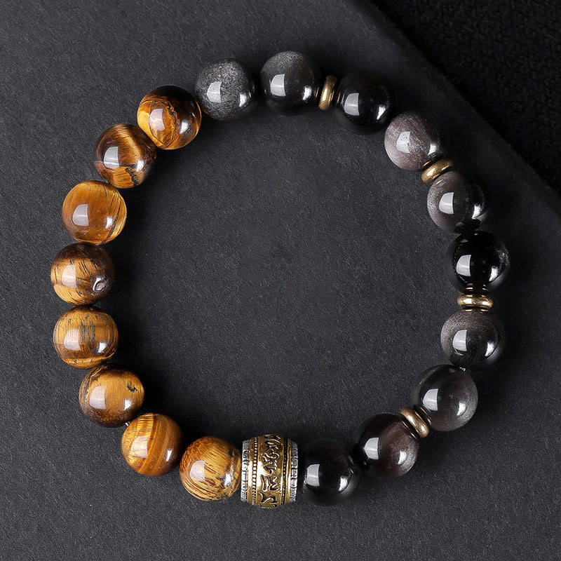 Buddha Stones Natural Silver Sheen Obsidian Tiger's Eye Six True Words 'Om Mani Padme Hum' Strength Bracelet
