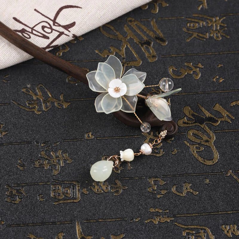 Buddha Stones Ebony Jade Shell Magnolia Tassel Blessing Hairpin