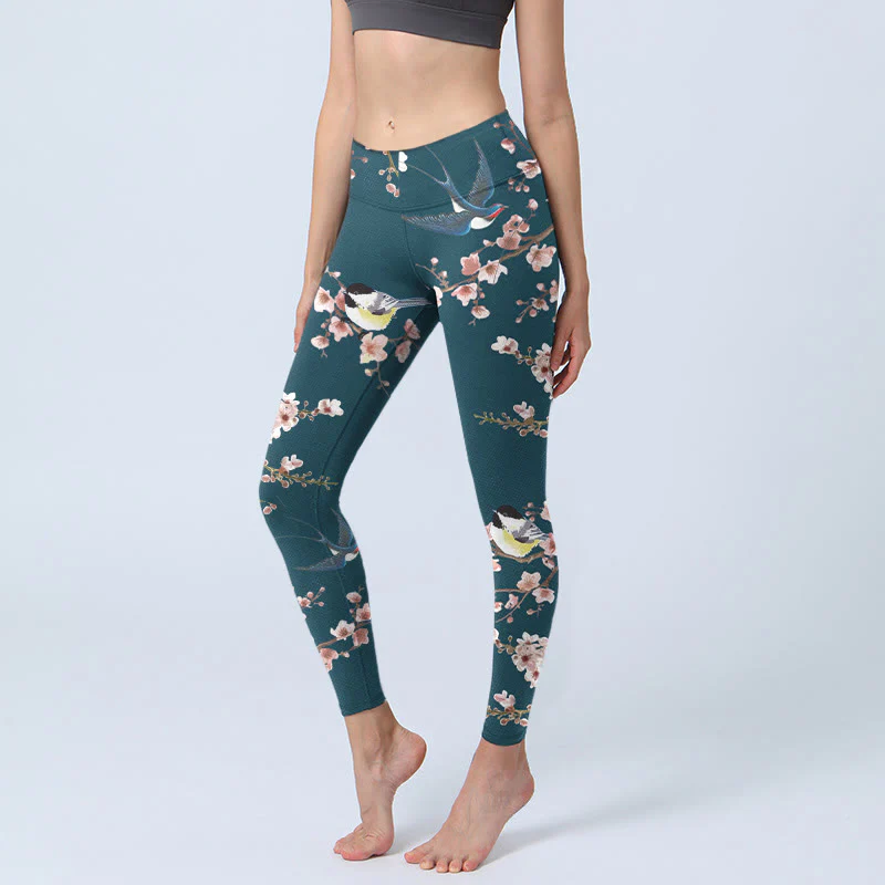 Buddha Stones Sparrow Swallow Peach Blossom Pattern Print Gym Leggings Women's Yoga Pants