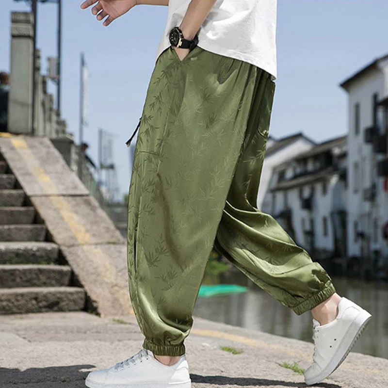 Buddha Stones Summer Ice Silk Jacquard Bamboo Pattern Men's Drawstring Cotton Pants With Pockets