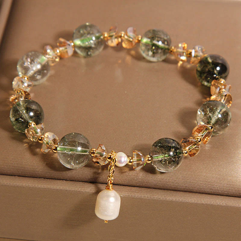 Buddha Stones Natural Green Phantom Pearl Gravel Crystal Stone Confidence Bracelet
