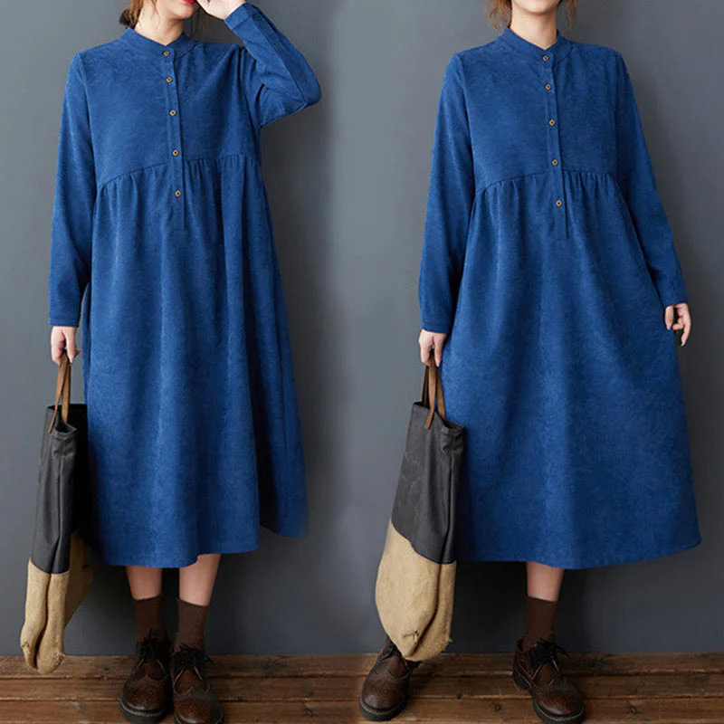 Buddha Stones Casual Plain Buttons Design Thermal Cotton Linen Midi Dress With Pockets
