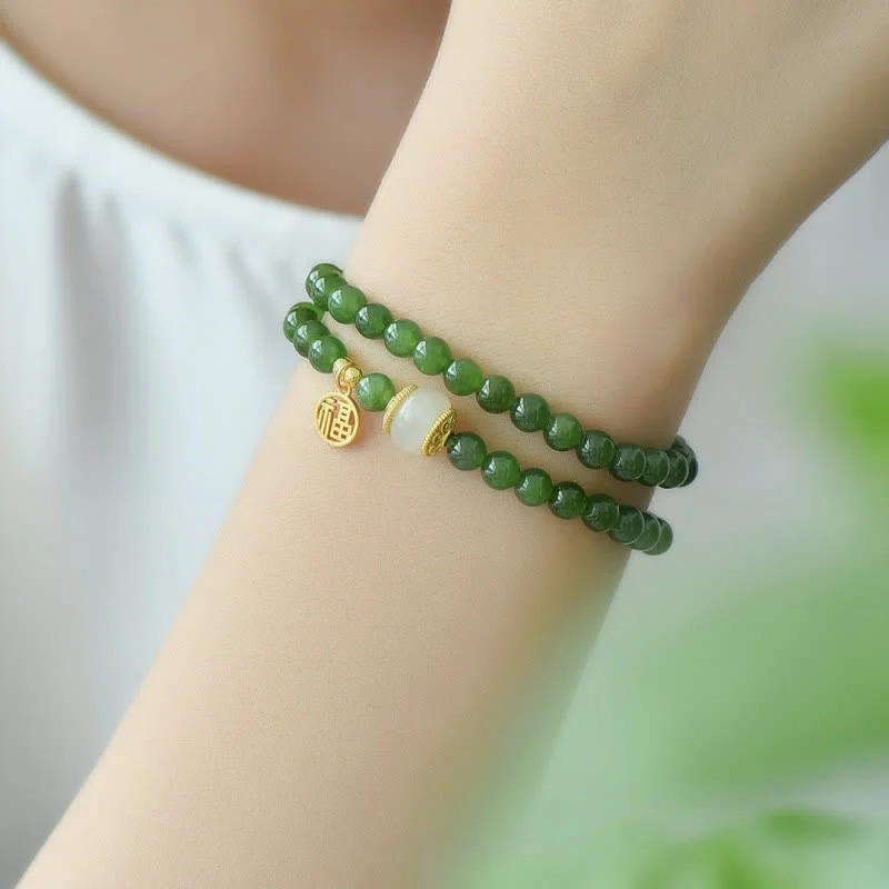 Buddha Stones Hetian Cyan Jade Happiness Blessing Bracelet