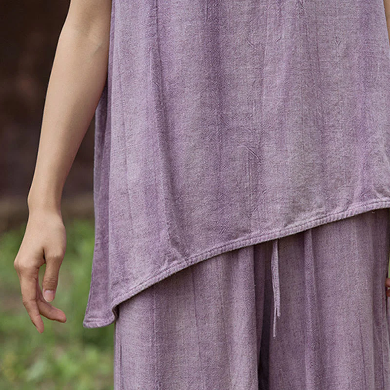 Buddha Stones Summer Tie-dye Linen Crew Neck Sleeveless Women's Vest