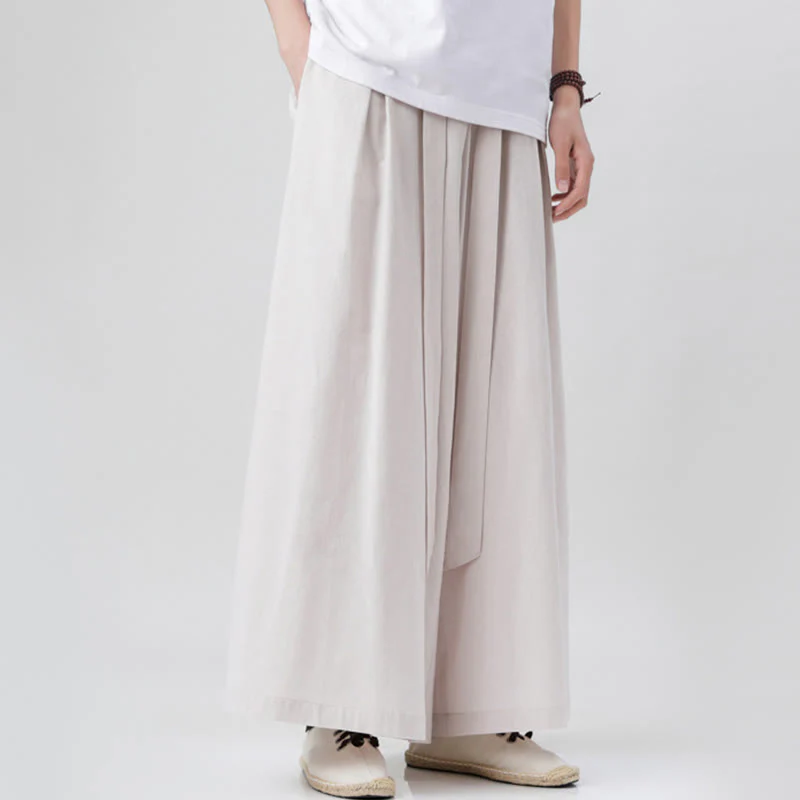 Buddha Stones Spring Casual Sports Drawstring Design Men's Cotton Linen Wide Leg Pants With Pockets