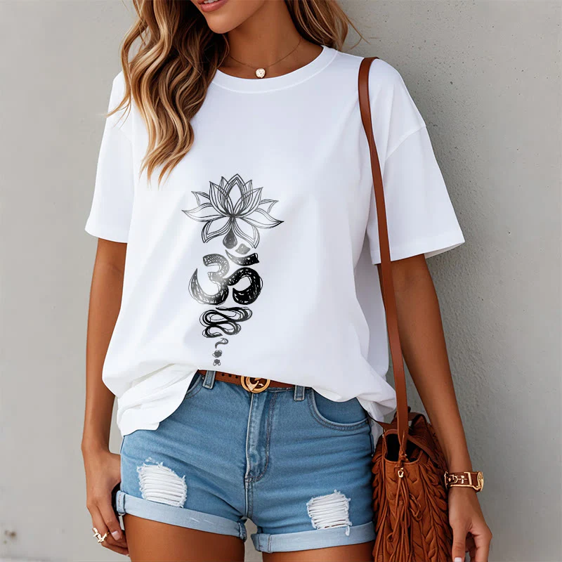 Buddha Stones Om Sanskrit Lotus Flower Pattern Meditation Cotton Tee T-shirt