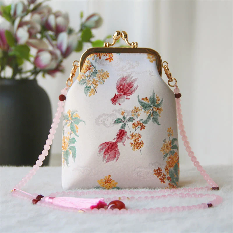 Buddha Stones Retro Chinese Embroidery Pearl Chain Crossbody Bag Shoudler Bag