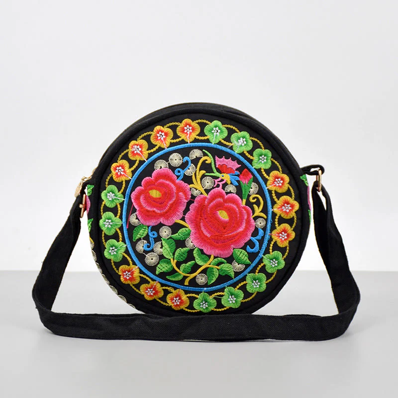 Buddha Stones Money Tree Galsang Inula Flower Peony Rose Peacock Double-Sided Embroidery Canvas Shopping Purse Handbag Crossbody Bag