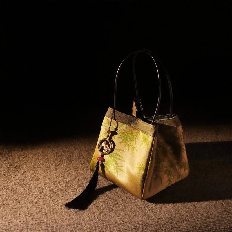 Buddha Stones Plum Flower Bamboo Branches Embroidery Tassel Xiangyunsha Silk Shoulder Bag Hangbags