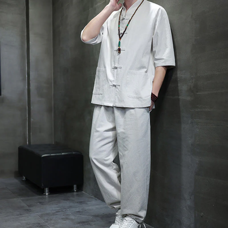 Buddha Stones 2Pcs Tang Suit Frog-Button Design Shirt Pants With Pockets Men's Cotton Linen Meditation Cloth Set