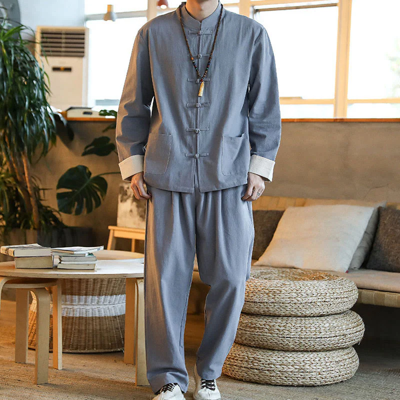 Buddha Stones 2Pcs Zen Tang Suit Men's Frog-Button Long Sleeve Shirt Pants Set With Pockets